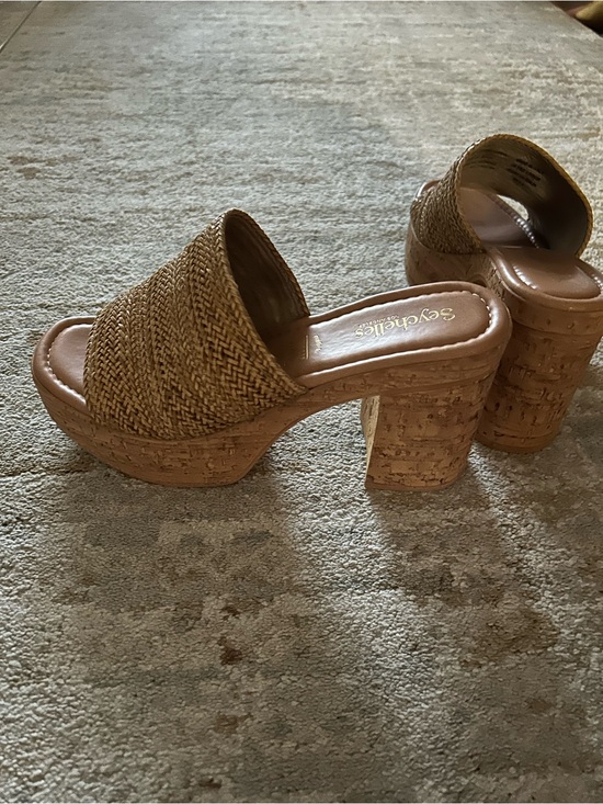Seychelles Shoes - Seychelles Woven Tan Cork Platform Slide Heels